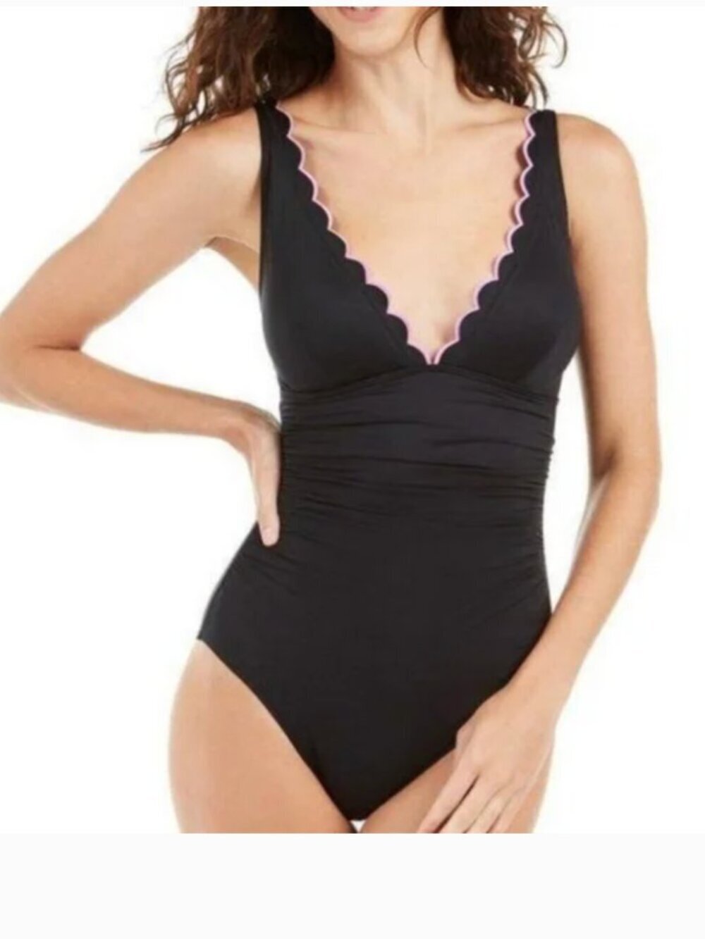 Kate Spade One Piece Swimsuit Bathing Suit Ruched Scalloped Trim Black Medium